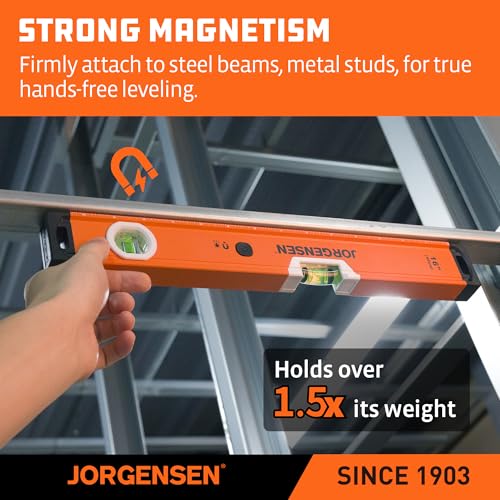 JORGENSEN 16" Magnetic LED Box Level, 90°/180° Torpedo Lighted Leveler Tool - size: 16 inch