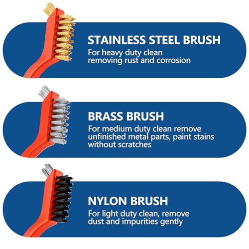 5PCS Wire Brush Set – 2 Heavy-Duty Steel Brushes with Rubber Handle & 3 Brass/Nylon/Stainless Steel Bristle Brushes for Rust, Paint & Grill Cleaning