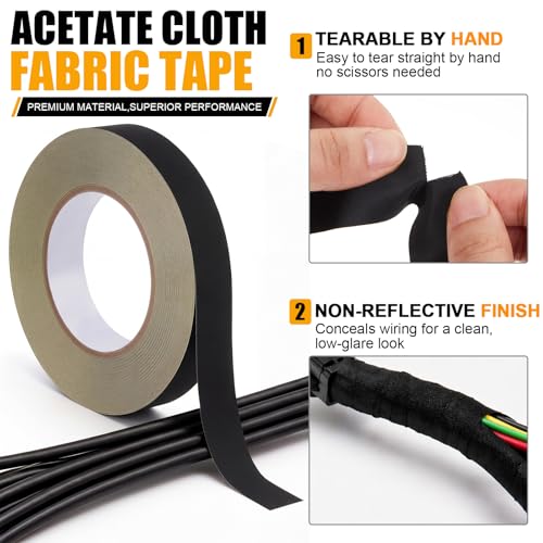 4 Pack Gaffers Tape, 1 in x 66 Yard Acetate Cloth Fabric Tape 0.2 mm Thick Black Electrical Wire Harness Insulation Tapes, Heat Resistant for Wire Wrap, Splicing, Multipurpose