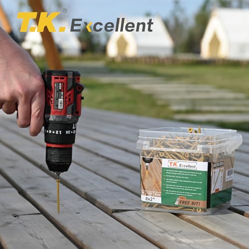 T.K.Excellent Deck Screws 2 Inch Wood Screws #8 x 2, 630 Pcs, Rust Resistant Structural Screws Tan Exterior Fence Screws Torx Drive Screws, Two T20 Bits, Brilliant Yellow Ruspert Coating Rust Proof - size: #8×2