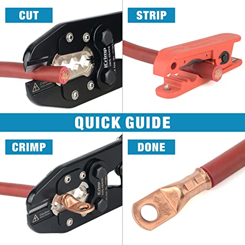 iCrimp Battery Cable Lug Crimping Tool Kit for 8, 6, 4, 2, 1,1/0, 2/0, 3/0, 4/0 AWG Copper Ring Terminals, Battery Cable Ends, Copper Splice, c/w Radial Wire Stripper - size: AWG8-4/0