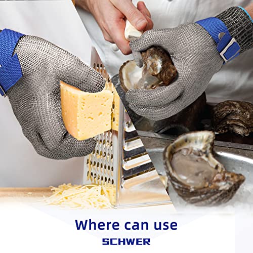 Schwer SlicePro ANSI A9 Cut Resistant Glove PR1706, Stainless Steel Mesh Metal Glove, Food Grade for Kitchen Cooking, Butcher Meat Cutting, Oyster Shucking, Mandoline, Fishing (M, 50 pairs) - size: Medium (Pack of 100), style: 1.0 Steel Wire