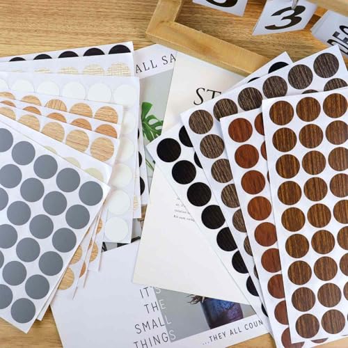 648 Pieces Screw Hole Covers Stickers Wood Stickers for Furniture PVC Adhesive Screw Cover Caps for Wall Cabinet Desk Self-Adhesive Screws Hole Sticker 21mm Dustproof Wood Textured Sticker (12 Colors)