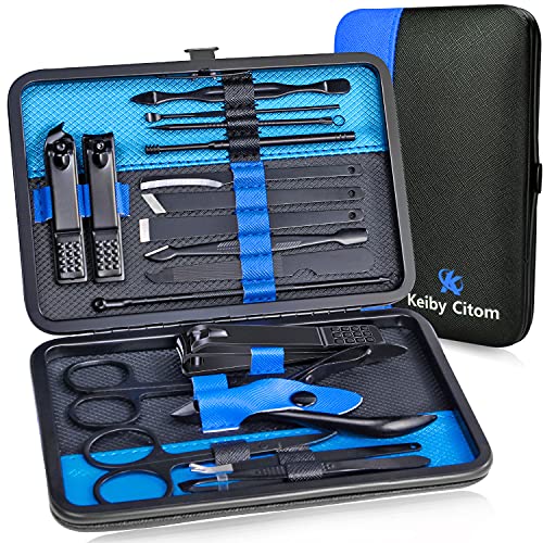 Professional Stainless Steel Nail Clipper Travel & Grooming Kit Nail Tools Manicure & Pedicure Set of 18pcs with Luxurious Case (Black/Blue) - color: Black/Blue