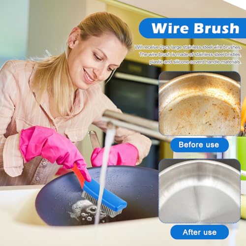 2 Pack Steel Brush for Cleaning-Heavy Duty Stainless Steel Wire Brush for Metal Rust Cleaning, Paint Scrubbing with Rubber Covered Handle