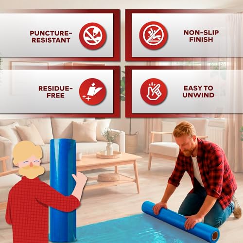 XFasten Floor Protection Film, 24-Inch x 200-Foot Roll, 3 mils, Blue Self-Adhesive Plastic Film Protector for Hardwood Floor |Residue-Free Painting and Construction Sticky Floor Protective Film Roll