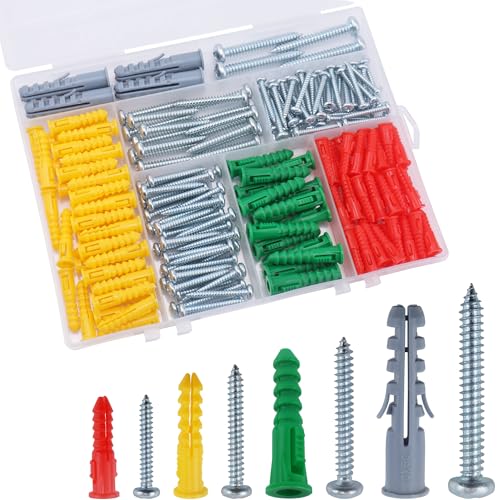 JEGONFRI 208PCS Drywall Anchors & Screws Kit, 4 Sizes, Wall Anchors