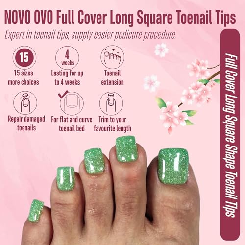NOVO OVO Long Square Toe Nail Tips Press on Full Cover, Extra Wide Clear Toenails Kit, Pre-shaped Double MatteToenails For Women Men Big Toe Long Nail Beds x 15 Sizes 360 Pcs up to 12 Pedicures - color: Long Square Clear Matte