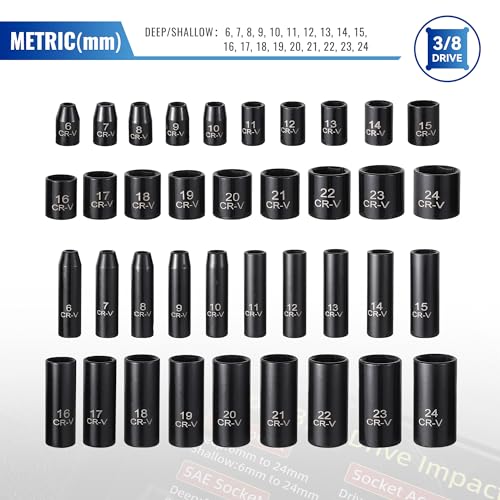 Reniteco 64-Piece 3/8" Drive Socket Set, SAE 5/16"-1", Metric 6-24mm, Cr-V - size: 3/8"-64 PCS