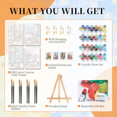 4 Pack Paint by Numbers Kit for Adults with Frame, Window Scenery & Flower - color: OP4FUS2510-02