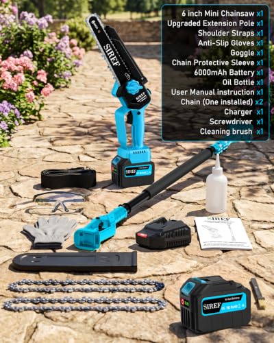 Electric Pole Saw 6inch Mini Chainsaw Cordless Brushless 6.0Ah Batteries Fast Charger Telescopic Power Pole Saw Tree Trimmer Limb Branch Cutter Pruner 16 Ft Max Reach Multi-Angle Blue - color: Blue-1 Battery