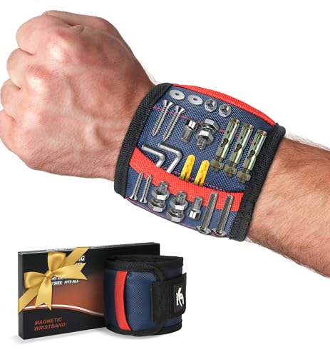 HiRui Magnetic Wristband for Tools – Ultra-Strong 15 Neodymium Magnets Hold Screws, Nails & Bits, Dual Pockets – Hands‑Free for DIY, Home Repairs, Auto – Gift‑Ready for Dad, Husband, Grandpa (Blue) - color: Blue