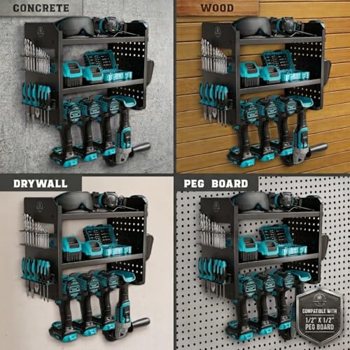 BUILTSTRONG Power Tool Organizer Wall Mount – 3-Tier Heavy-Duty Steel Rack, 4 Drill Slots, Pegboard + Utility Side, 100 lb Capacity – Garage, Workshop & Shed Storage (Black) - color: Black, size: 4 Drill Holder