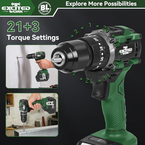 21V Brushless Power Impact Drill Cordless with Dual 3.0Ah Batteries