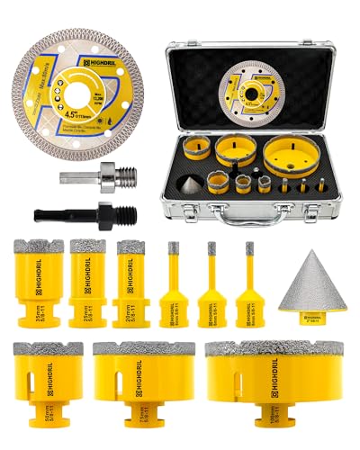 HIGHDRIL 13Pcs Diamond Hole Saw Kit - 1/4", 1/4", 5/16", 4/5", 1", 1-3/8", 2", 3", 4" Drill Bits with 2" Beveling Chamfer Bit, Adapters & Saw Blade for Tile Porcelain Ceramic Granite Marble - size: Kit 3 Thread