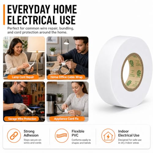 3/4" x 66ft White Electrical Tape, V-0 Flame Retardant, 600V Rated - color: White