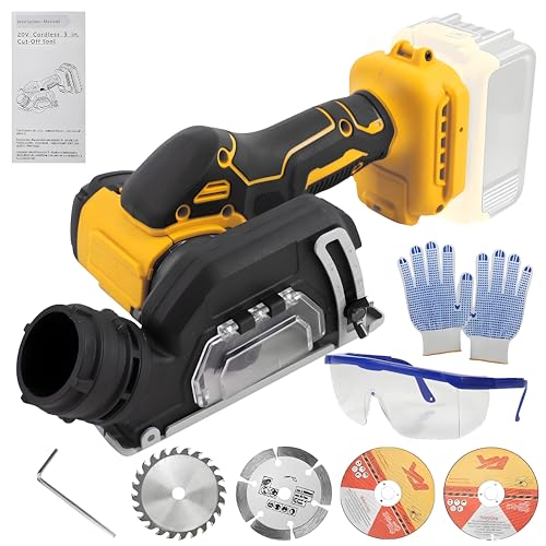 Cordless Cut-Off Tool, 20000RPM Angle Grinder & Circular Saw Fits Dewalt 20V Max Battery, Detachable Dust Shroud with Adjustable Metal Plate, 4x 3” Saw Blades for Wood Plastic Tile Metal (No Battery)