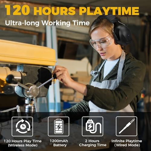 Kalence Gel Ear Pads Bluetooth 5.4 Hearing Protection Headphones, 30dB Noise Cancelling Headphones, 1200mAh Rechargeable Safety Earmuffs Bluetooth Ear Protection for Mowing - color: Black-gel