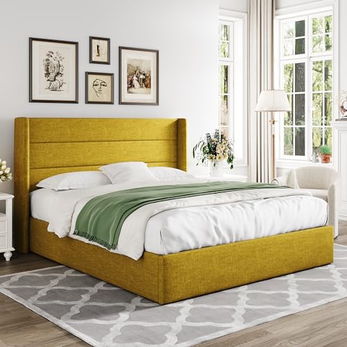 Allewie Full Size Lift Up Hydraulic Storage Bed Frame Olive Yellow - color: Olive Yellow, size: Full, style: Modern