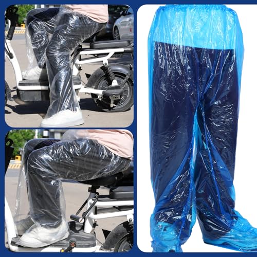 4 Pcs Disposable Rain Pants for Men & Women, Waterproof Plastic Rain Pants with Shoe Cover, Thickened Disposable Rainpants Foot Wrapped Covers for Outdoor Camping, Traveling, Hiking, Blue & Clear
