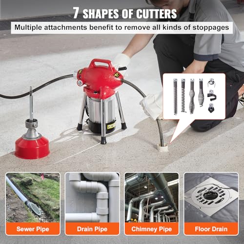 VEVOR Drain Cleaner Machine 66FT x 5/8 Inch, 250W Electric Sewer Snake Auger with 2 Sectional Steel Cables (66' x 5/8" and 15' x 3/8"), 7 Cutters and CW/CCW Control for 1.6" to 4" Pipes - style: 66Ft x 5/8Inch & 7 Cutters