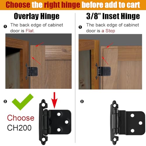 JQK 1/2 Inch Overlay Cabinet Door Hinges Black, 50 Pack 25 Pairs Flush Face Mount Cupboard Self-Closing Kitchen Cabinet Hinges, CH200-BK-P50 - color: Black, size: 50 pack/25 pairs