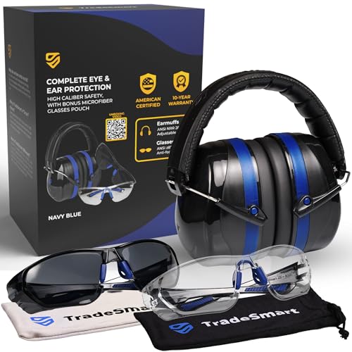 TradeSmart Shooting Ear Protection for Gun Range, NRR 28 Earmuffs & Eyewear - color: Clear+tint - Blue