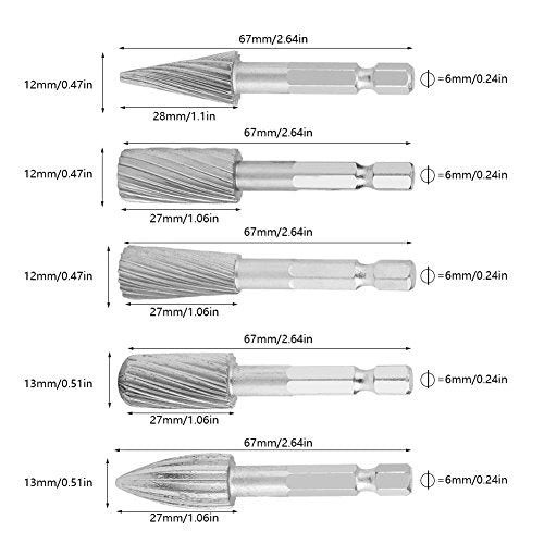 High Speed Steel Rotary Files 5pcs 1/4inch Hex Shank High Speed Steel Burrs Rotary Files Tools for Aluminum and Iron Hardware