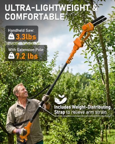 Electric Pole Saw 6“ Mini Chainsaw Cordless Telescopic 6.0Ah Batteries Fast Charger Adjustable Shoulder StrapTree Trimmer Limb Branch Cutter Pruner 16 Ft Max Reach Multi-Angle Yellow - color: Yellow-1 Battery