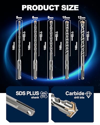 SDS Plus Carbide Cross Tip Concrete Drill Bit - 3/16"*2/1/4"*3/5/16"*2/3/8"*2/1/2" SDS-Plus Hammer Drill Set for Concrete, Brick, Stone & Masonry - 6" Length (10-Piece) - size: 3/16"/1/4"/5/16"/3/8"/1/2"x6"