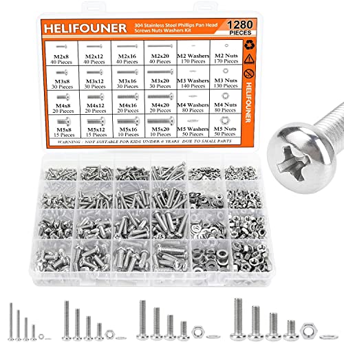 HELIFOUNER 1280 Pieces M2 M3 M4 M5 Phillips Pan Head Machine Screws, Flat Washers and Nuts Assortment Kit, 304 Stainless Steel - size: M2 M3 M4 M5