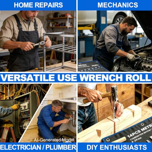 2PCS Wrench Roll Up Pouch, Tool Organizer Storage Bag (13SAE + 14Metric)