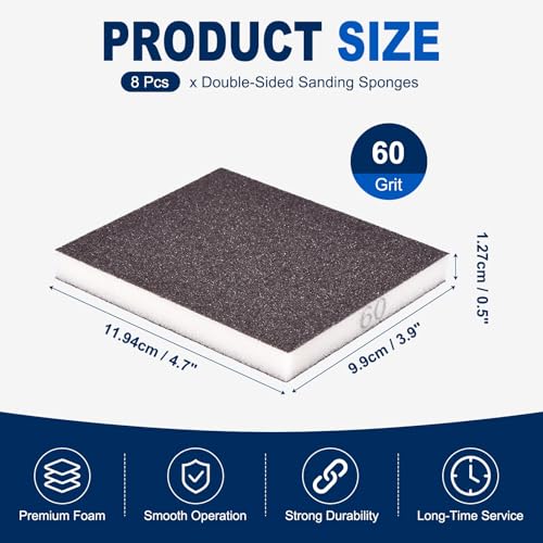 8Pcs 60Grit Double-Sided Sanding Sponges, Washable & Reusable - size: 60Grit