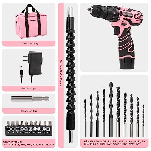 COMOWARE Pink Cordless Drill Set for Women, 12V Lightweight Electric Screwdriver with 3/8" Keyless Chuck, 1.5Ah Battery - Portable Power Drill Kit with Pink Tool Bag for Home DIY Projects - color: Pink