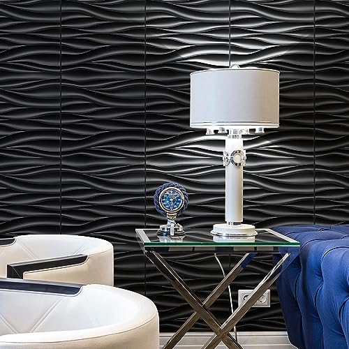 STICKGOO Black 3D Wall Panels, Wave Design, 19.7''x19.7'' - color: Black