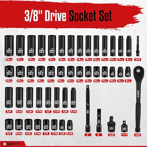 WETT 50Pcs 3/8" Drive Impact Socket Set, SAE/Metric, Deep/Shallow Sockets, with Adjustable Ratchet Handle, Extension Bar, Universal Joint, Adapter & Reducer, Cr-V Steel,(5/16"-3/4", 8-22mm) - size: 3/8" Drive Impact Socket Set (50pcs)