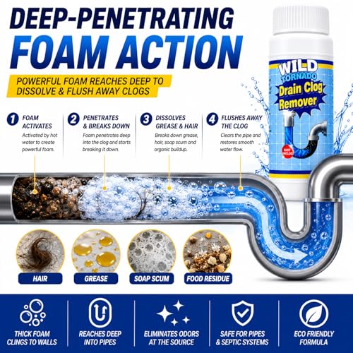 Drain Clog Remover Powder 4 Pack, Sink & Drain Cleaner Fast-Acting Foaming for Hair, Grease, Kitchen Sink & Toilet Clogs, Powerful Pipe Cleaning Solution for Showers & Drains, 480g