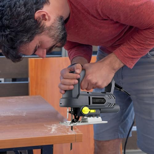 Master Mechanic 6.5 Amp 3,000 RPM Steel Base Jig Saw Power Hand Tool with Toolless Blade Change, Lock On Switch, and Blower Function for Wood, Gray