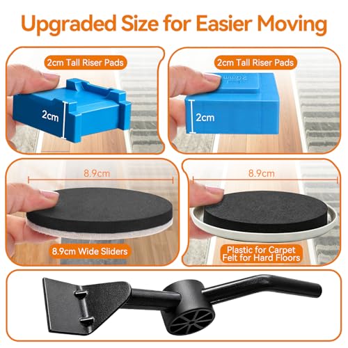 3.5 Inch Furniture Sliders with Lifter Tool, 12 PCS Multi-Surface Movers Kit for Carpet and Hardwood Floors, Heavy Duty Moving Pads, Appliance Slider Floor Protectors for Sofa Bed Table Cabinet