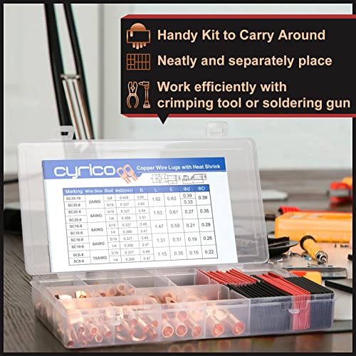 200pcs Battery Cable Ends, Copper Wire Lugs AWG 2 4 6 8 10 Gauge - 100Pcs Battery Cable Lugs Ring Terminal Connectors with 100Pcs Heat Shrink Assortment Kit for Marine Automotive Electrical Supplies