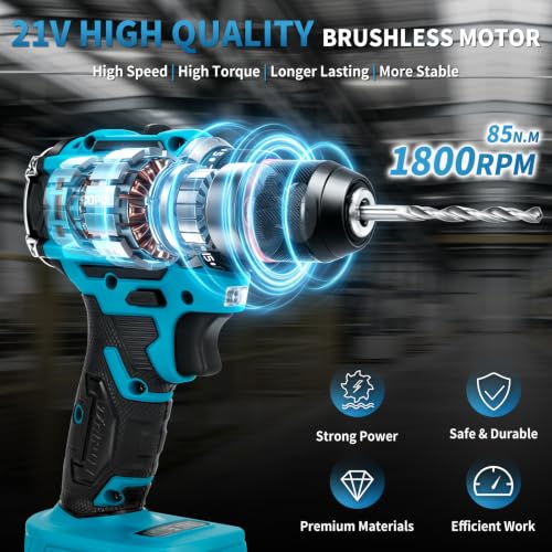 21V Cordless Drill Driver Combo Kit, Brushless Power Drill Tool Set with 2x2.0Ah Battery, 210-PCs Portable General Basic Home Repair Tool Set, Electric Drill Kit for Daily Home Repair, DIY