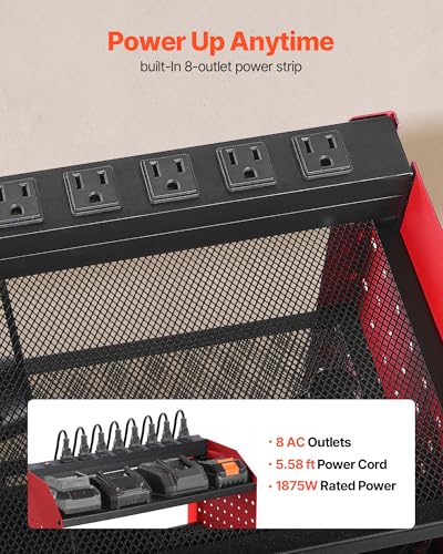 VEVOR Power Tool Organizer with Charging Station, 3-Layer Drill Storage Rack with 4 Drill Holders & Side Pegboard, Garage Tool Organizer Built in 8 Outlet Power Strips for Garage, Workbench, Workshop - size: 3-Layer 4 Drill