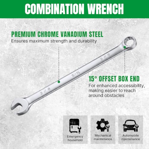 SK 3/8” Combination Wrench, SAE, Premium CR-V Steel - size: 3/8"