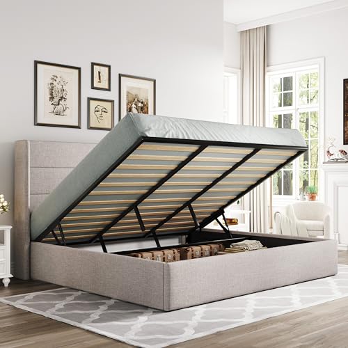 Allewie King Size Lift Up Hydraulic Storage Bed Frame Light Beige - color: Beige, size: King, style: Modern