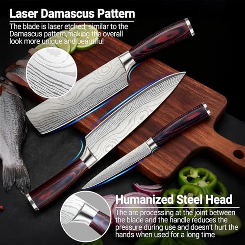 3-Piece Kitchen Chef Knife Set - 8" Chef Knife & 7" Nakiri Knife & 5" Utility Knife, Professional High-Carbon Stainless Steel Ultra Sharp Knives with Ergonomic Wood Handle & Gift Box for Cooking