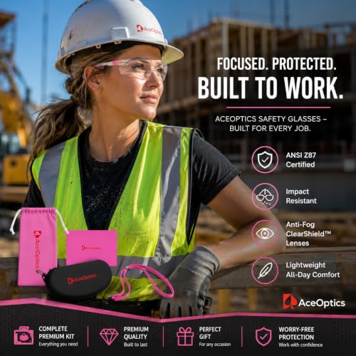 ANSI Z87 Safety Glasses for Women – Pink Clear, Anti Fog, Scratch & Impact Resistant Protective Eyewear – Premium Safety Glasses That Happen To Look Great.