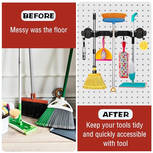 ULIBERMAGNET Magnetic Mop Broom Holder,Heavy Duty Movable Magnetic Broom Holder Rack,Anti-slip Wall Mounted Utility Storage Mop Shovel Hanger for Garage, Kitchen, Laundry, Garden(3 Racks / 4 Hooks) - style: 1 SET 3 Slot / 4 Hooks Magnetic Mop Rack