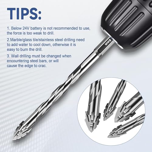 6 Pcs Four-Flute Sawtooth Eccentric Twist Drill Bit, Concrete and Masonry Drill Bit Set, Set for Concrete/Glass/Tile/Wood/Metal, Hexagonal Shank Drills, Short bits, (4/5/6/8/10/12mm)