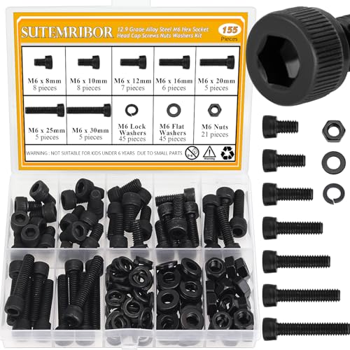 155 Pieces M6 Screws Nuts Washers Set Black, Sutemribor M6 x 8/10/12/16/20/25/30mm Hex Socket Head Cap Screws Nuts Washers Assortment Kit, 12.9 Grade Alloy Steel, Fully Threaded - size: M6 Screws Kit, style: Socket Head