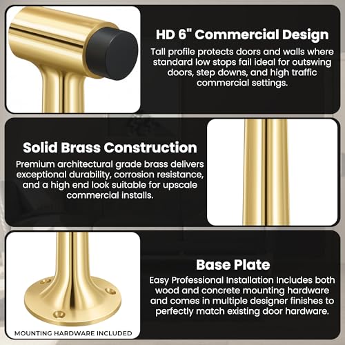Heavy Duty 6″ Door Stop, Solid Brass Commercial Grade, Floor Mount Stopper (Polished Brass) - color: Polished Brass